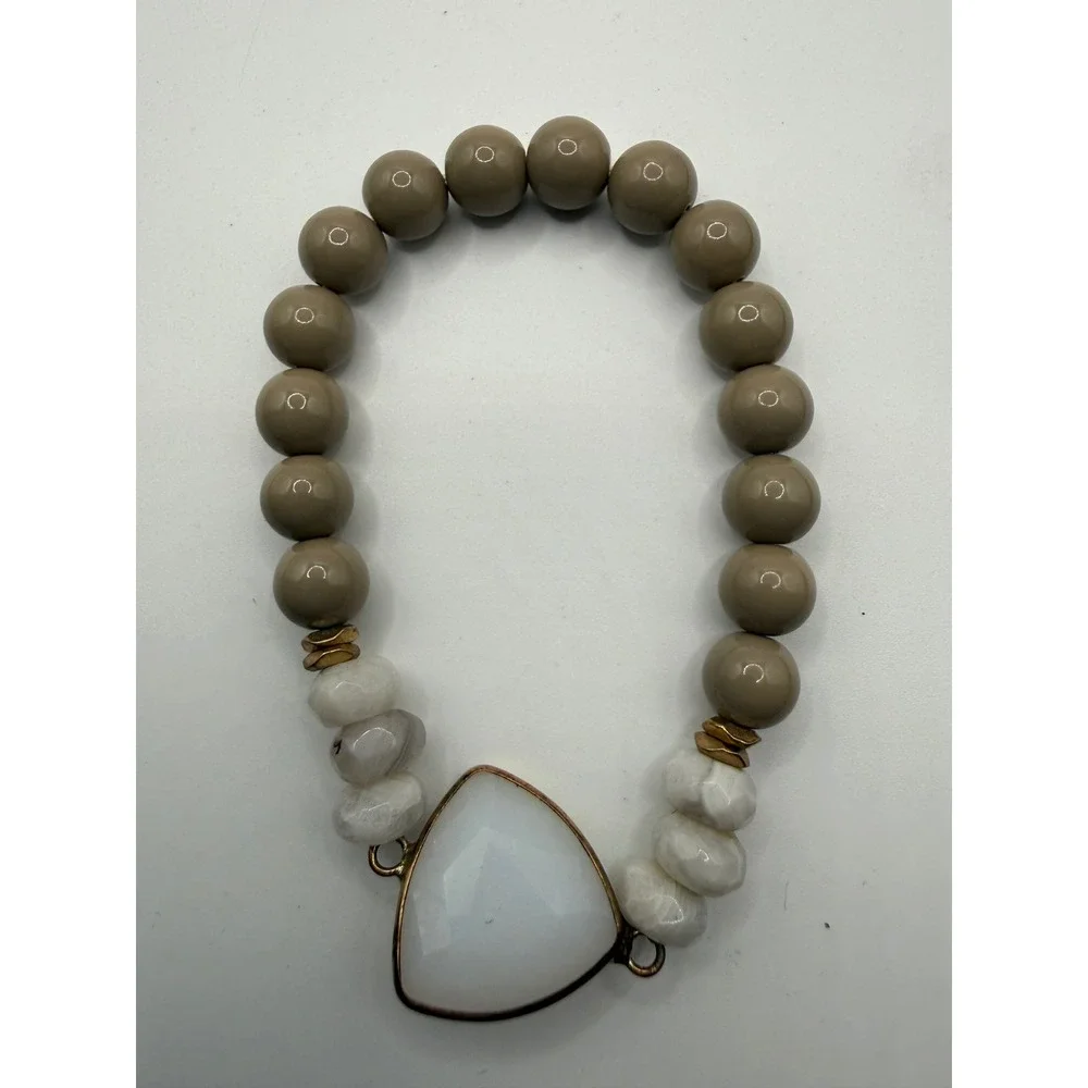 Boho Taupe and‎ White Beaded Stretch Bracelet with Triangle Stone Focal Accent